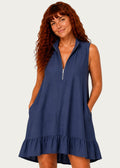 Sleeveless V Neck Mini Dress with Zip Front & Pockets - Navy