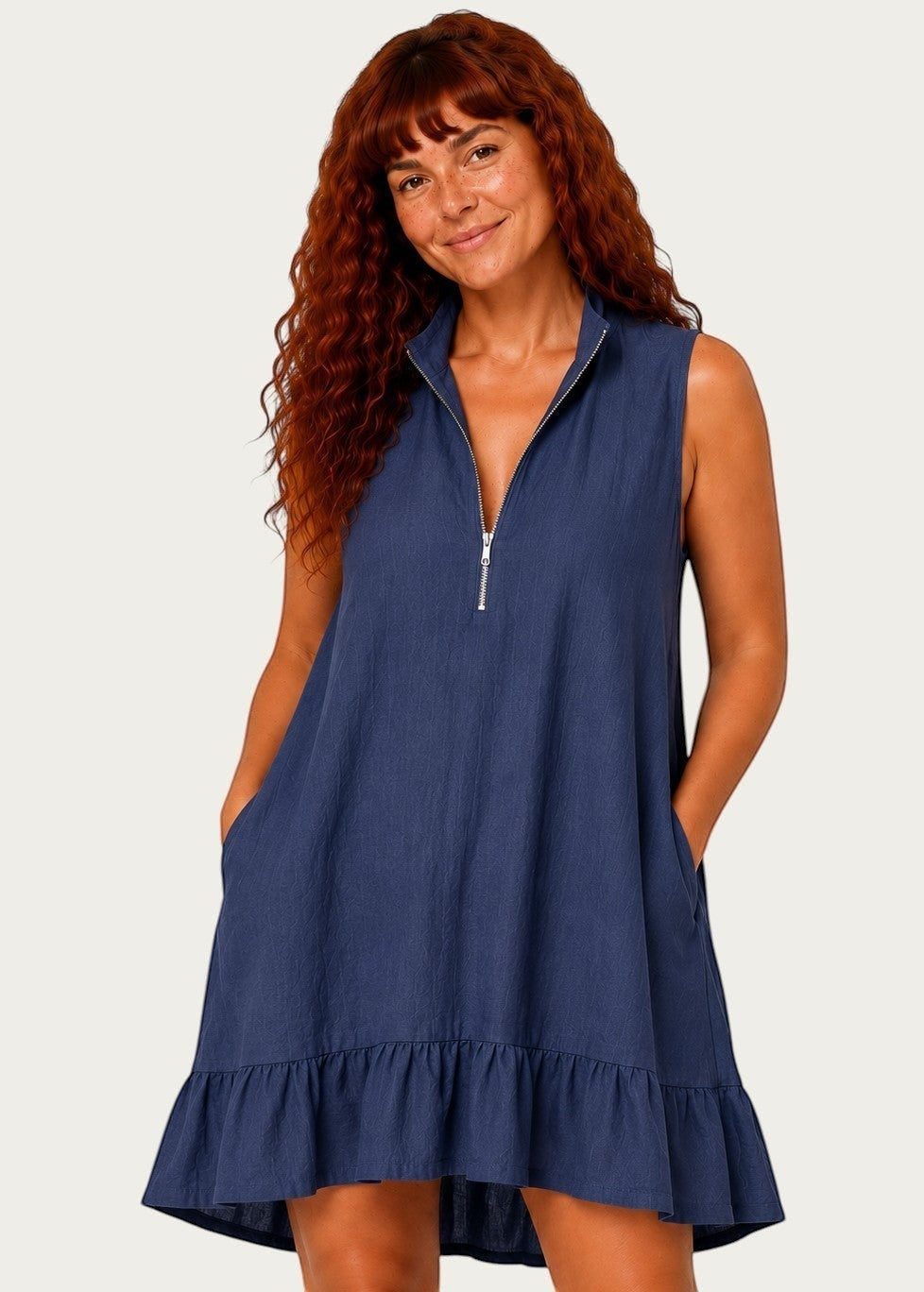 Sleeveless V Neck Mini Dress with Zip Front & Pockets - Navy