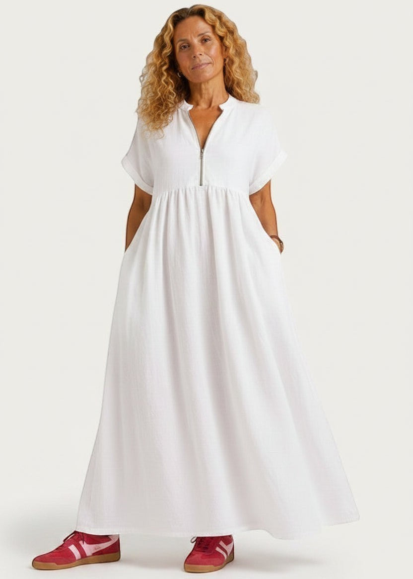 V Neck Maxi Dress with Zip Front & Pockets - White