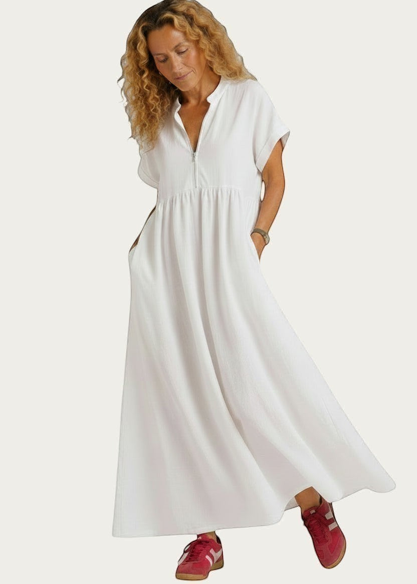V Neck Maxi Dress with Zip Front & Pockets - White