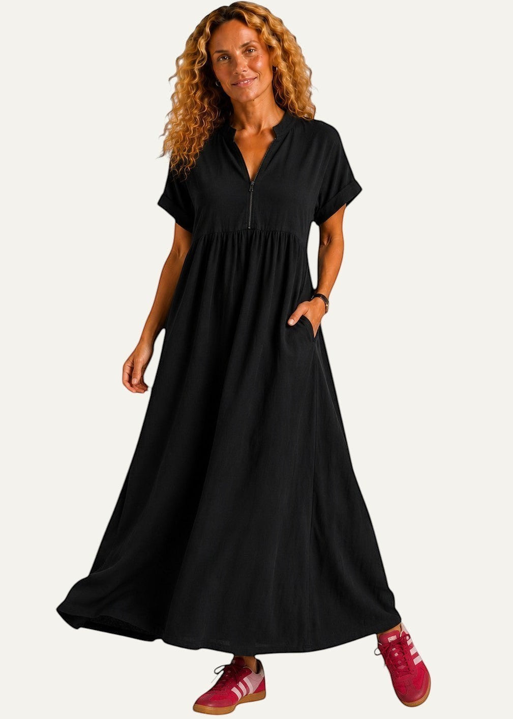 V Neck Maxi Dress with Zip Front & Pockets - Black