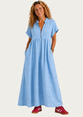 V Neck Maxi Dress with Zip Front & Pockets - Light Blue