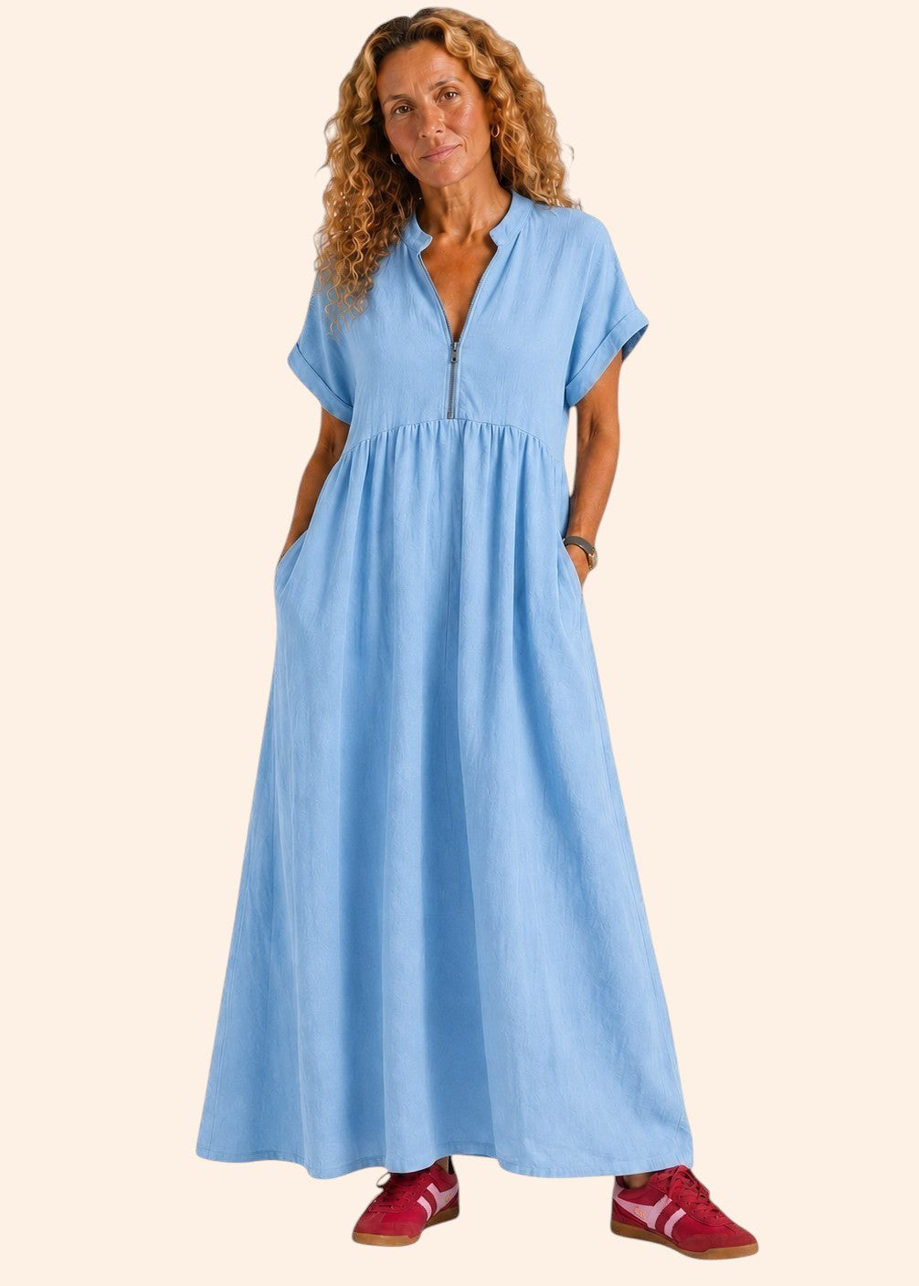 V Neck Maxi Dress with Zip Front & Pockets - Light Blue