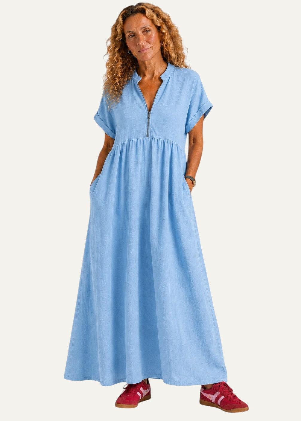 V Neck Maxi Dress with Zip Front & Pockets - Light Blue