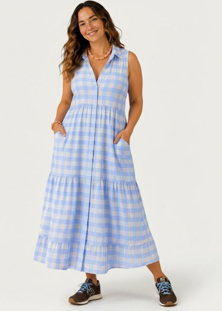 Sleeveless Button Up Maxi Dress with Pockets - Light Blue Gingham