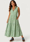 Sleeveless Button Up Maxi Dress with Pockets - Green Gingham