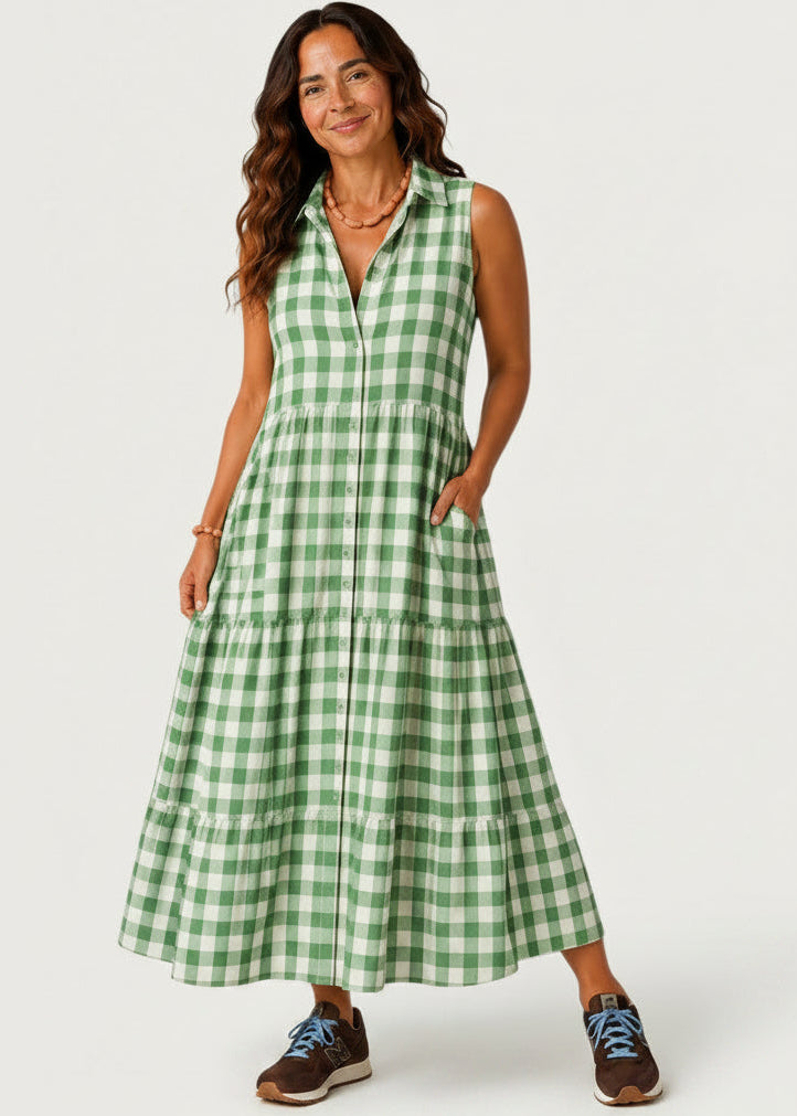 Sleeveless Button Up Maxi Dress with Pockets - Green Gingham