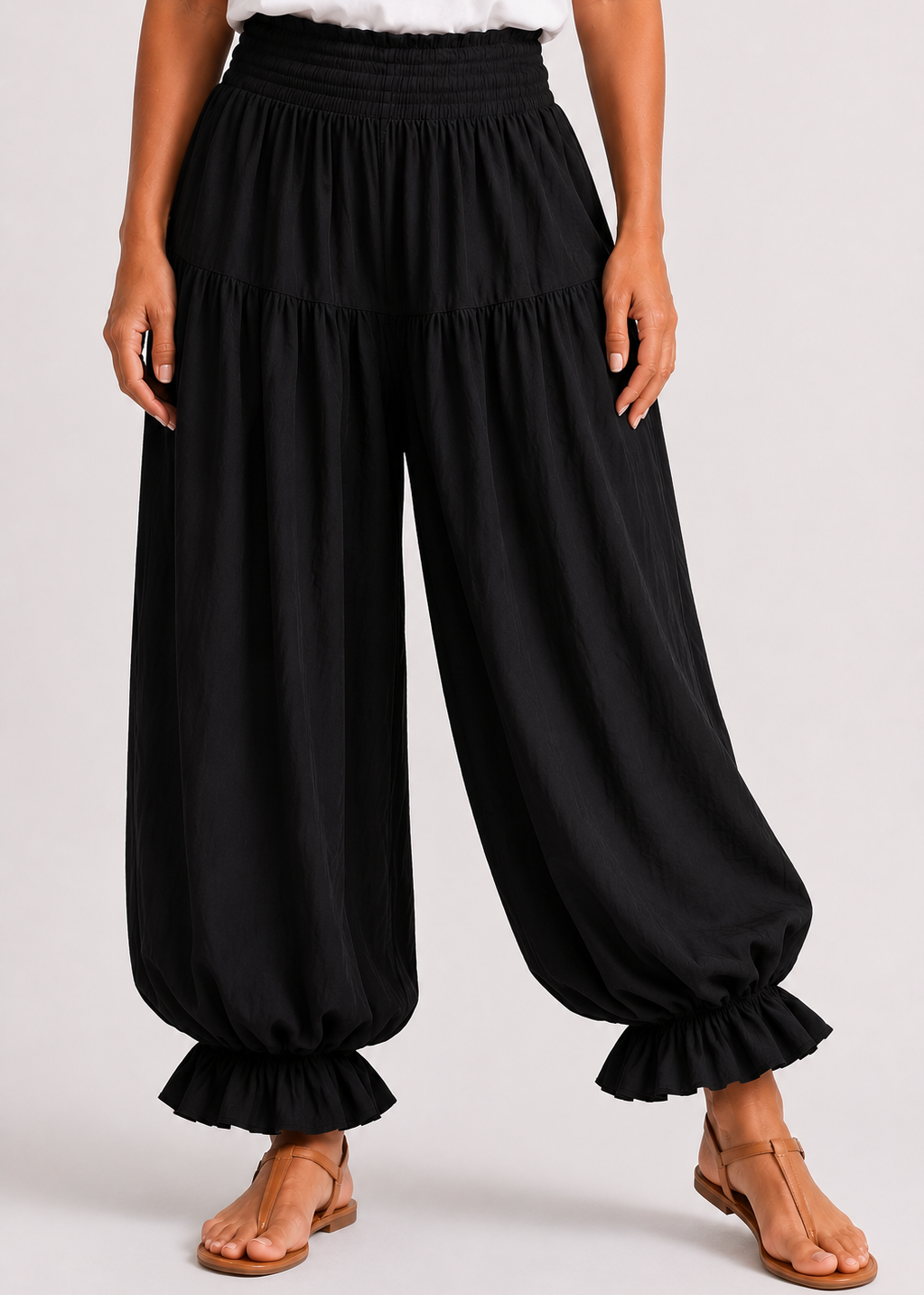 Balloon Pant with Shirred Waistband & Pockets - Black