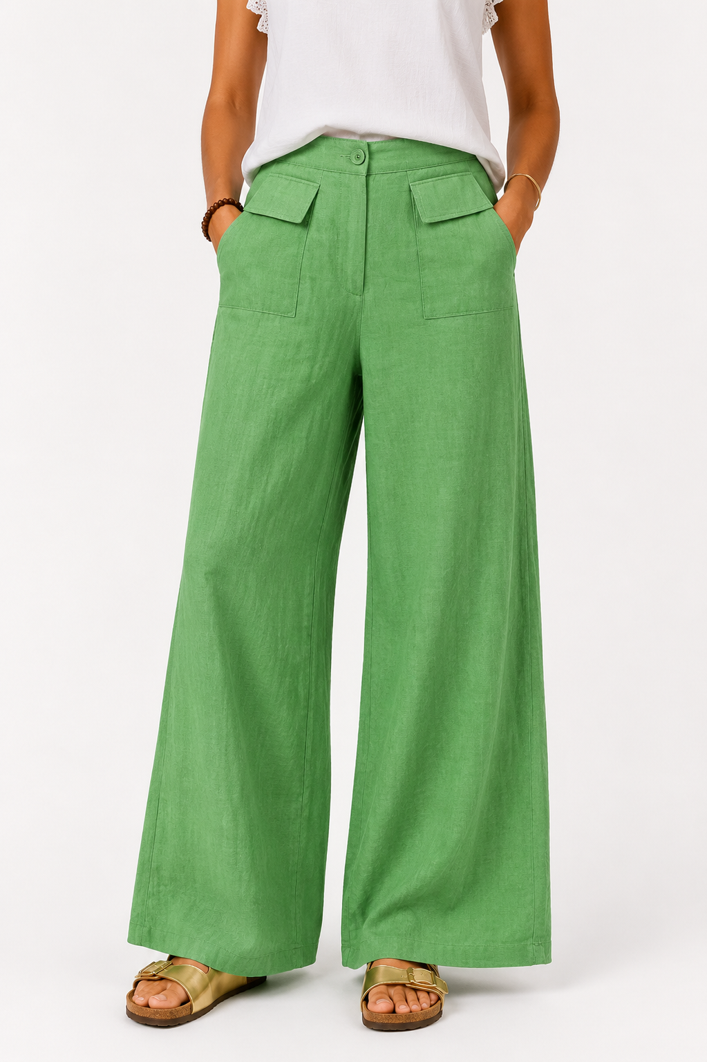 Button Front High Waisted Wide Leg Pants with Patch Pockets - Green