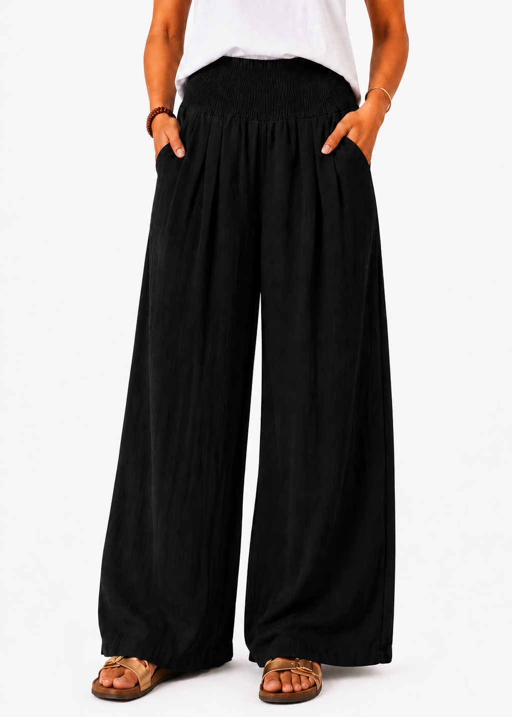Wide Leg Pull-On Pants with Shirred Waistband & Pockets - Black