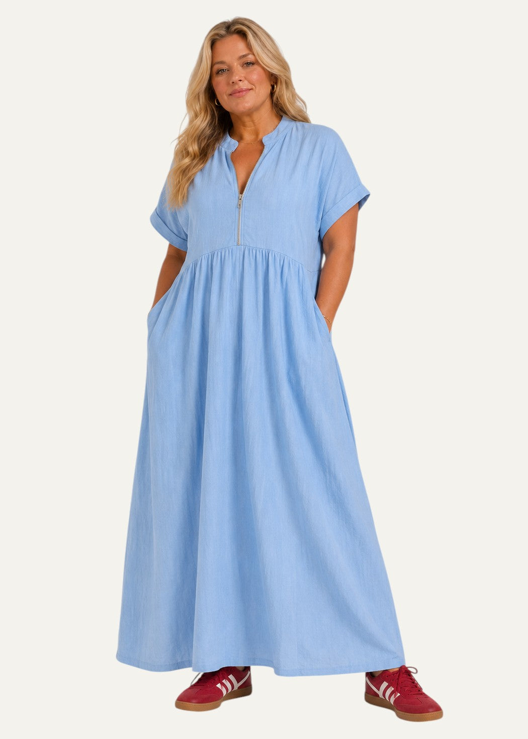 V Neck Maxi Dress with Zip Front & Pockets - Light Blue