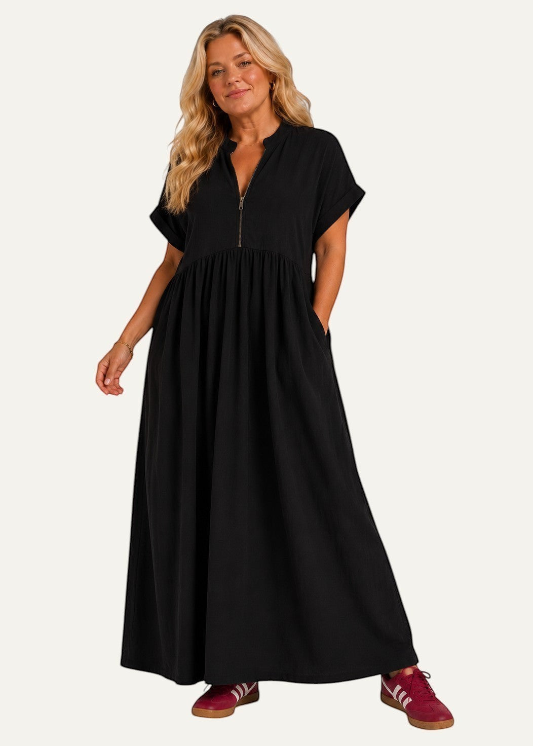 V Neck Maxi Dress with Zip Front & Pockets - Black