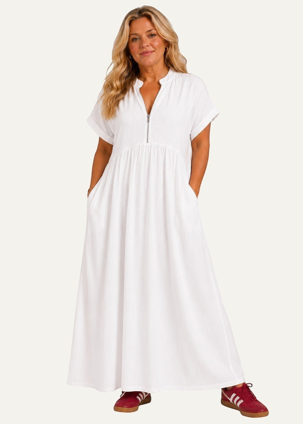 V Neck Maxi Dress with Zip Front & Pockets - White