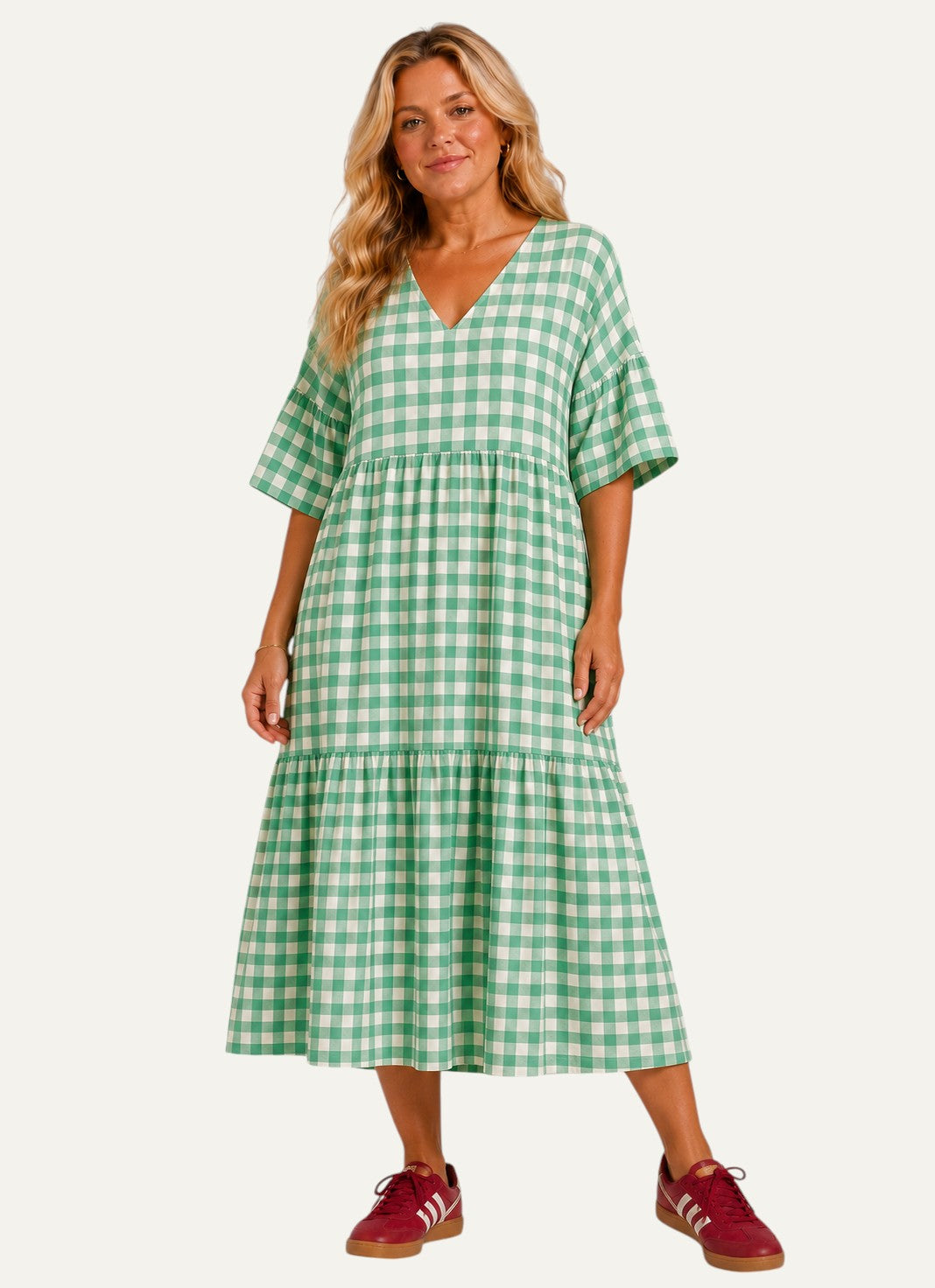 Oversized V Neck Midi Dress with Ruffle Sleeves - Gingham
