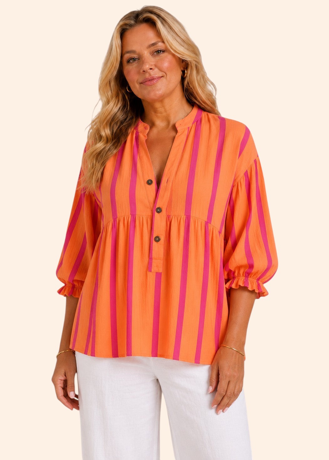 Half Button Smock Blouse with Balloon Sleeves - Coral & Fuchsia Stripe