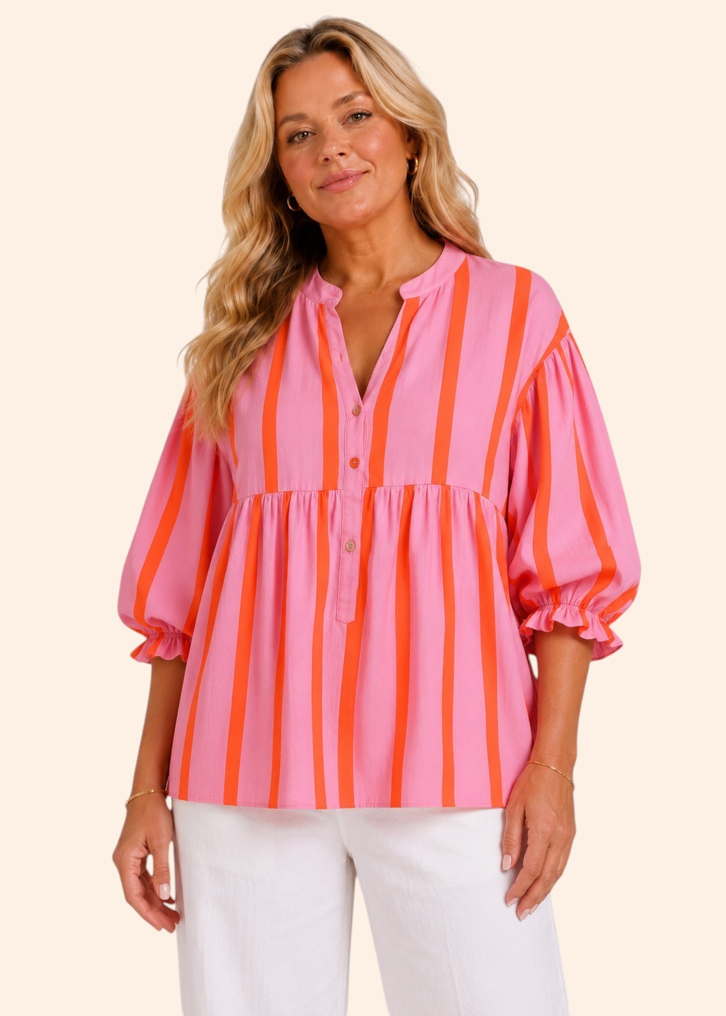 Half Button Smock Blouse with Balloon Sleeves - Pink & Coral Stripe