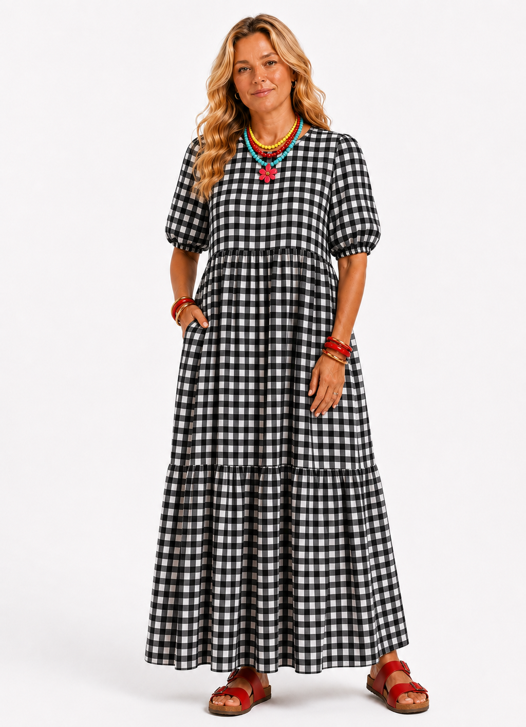 Oversized Puff Sleeve Midi Dress with Pockets - Black Gingham