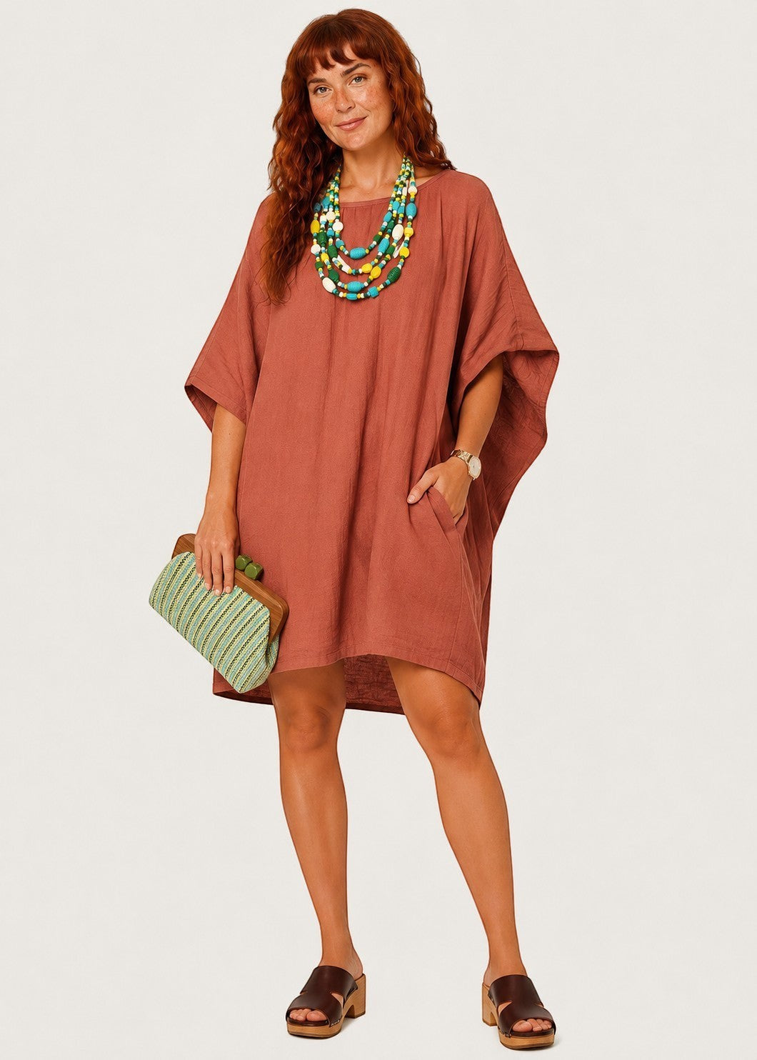 Oversized Batwing Mini Dress with Pockets - Dusty Terracotta