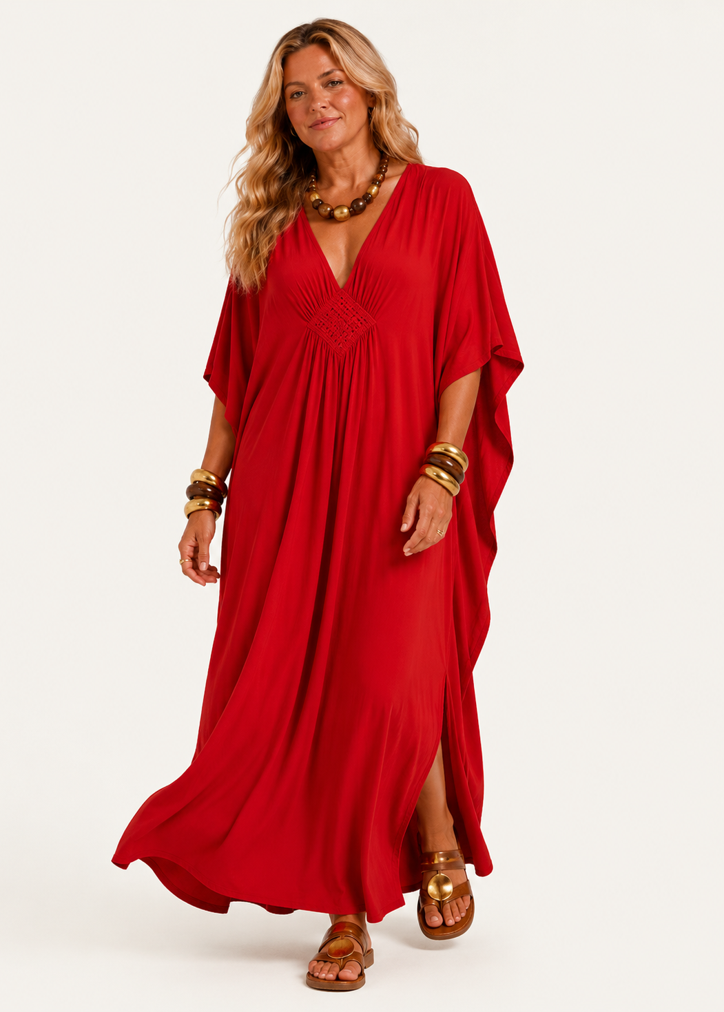 Red V Neck Kaftan with Diamond Pintuck
