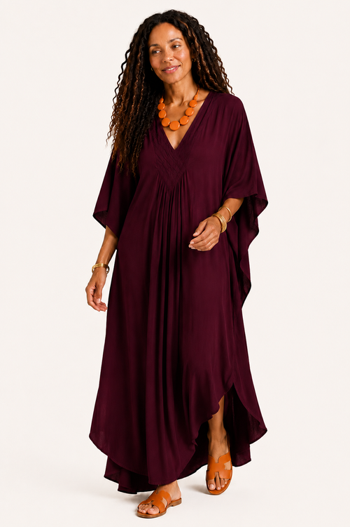 Burgundy V Neck Kaftan with Diamond Pintuck