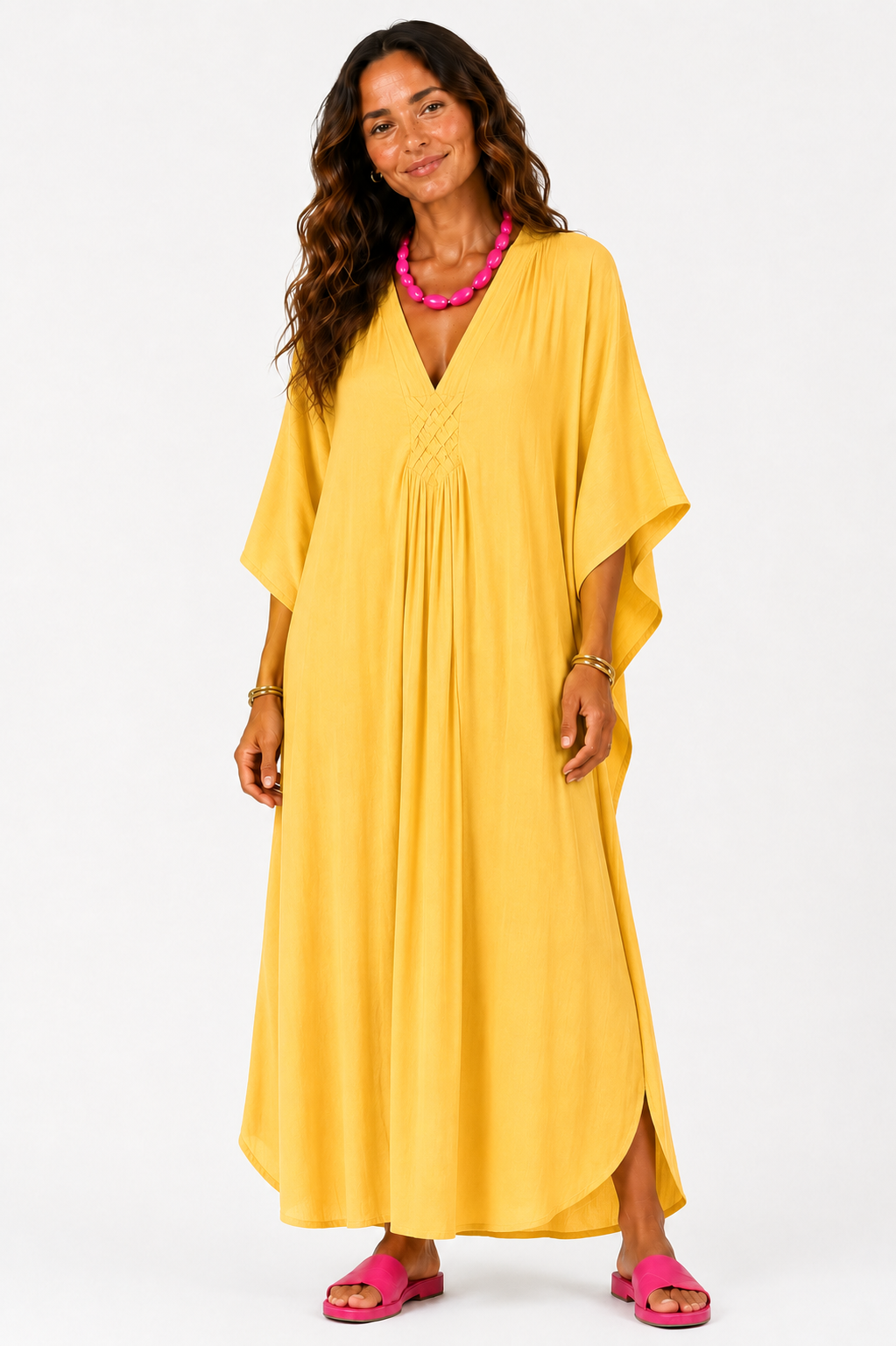 V Neck Kaftan with Diamond Pintuck - Mustard