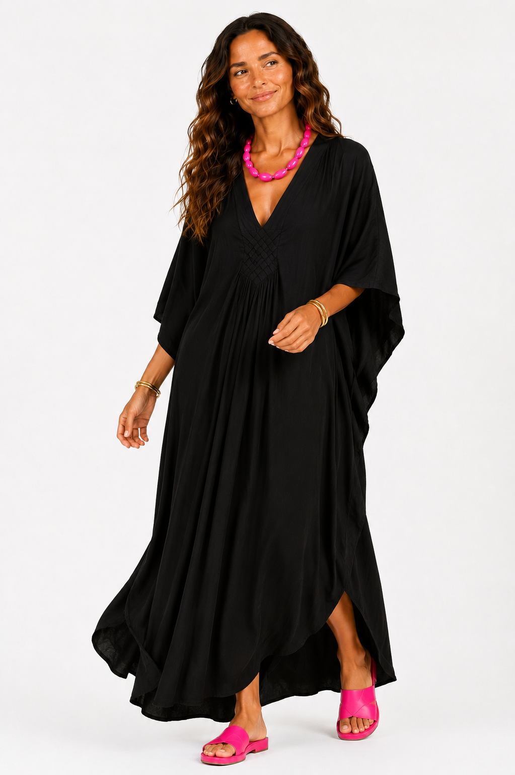 Black V Neck Kaftan with Diamond Pintuck
