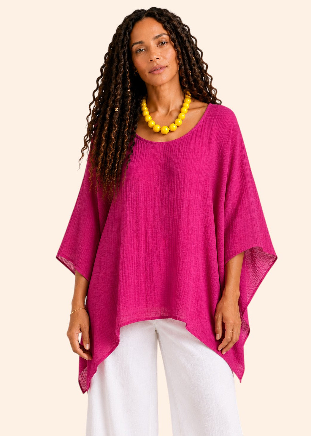 Oversized Batwing Tunic Top with Hanky Hem - Pink