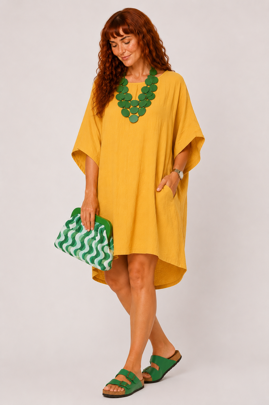 Oversized Batwing Mini Dress with Pockets - Mustard