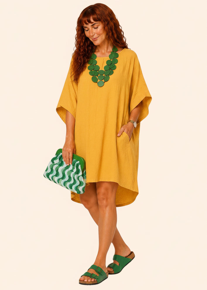 Oversized Batwing Mini Dress with Pockets - Mustard