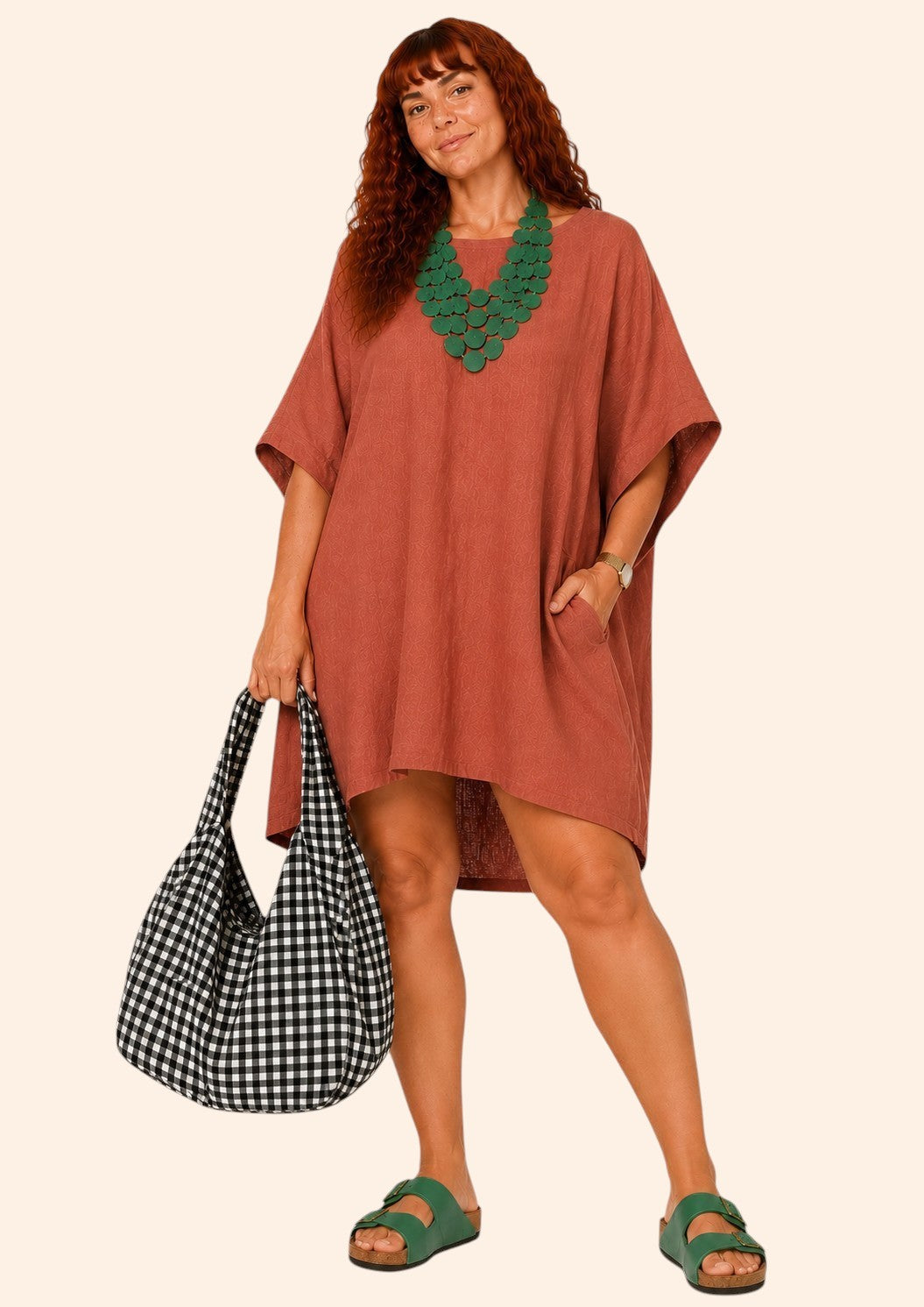 Oversized Batwing Mini Dress with Pockets - Dusty Terracotta