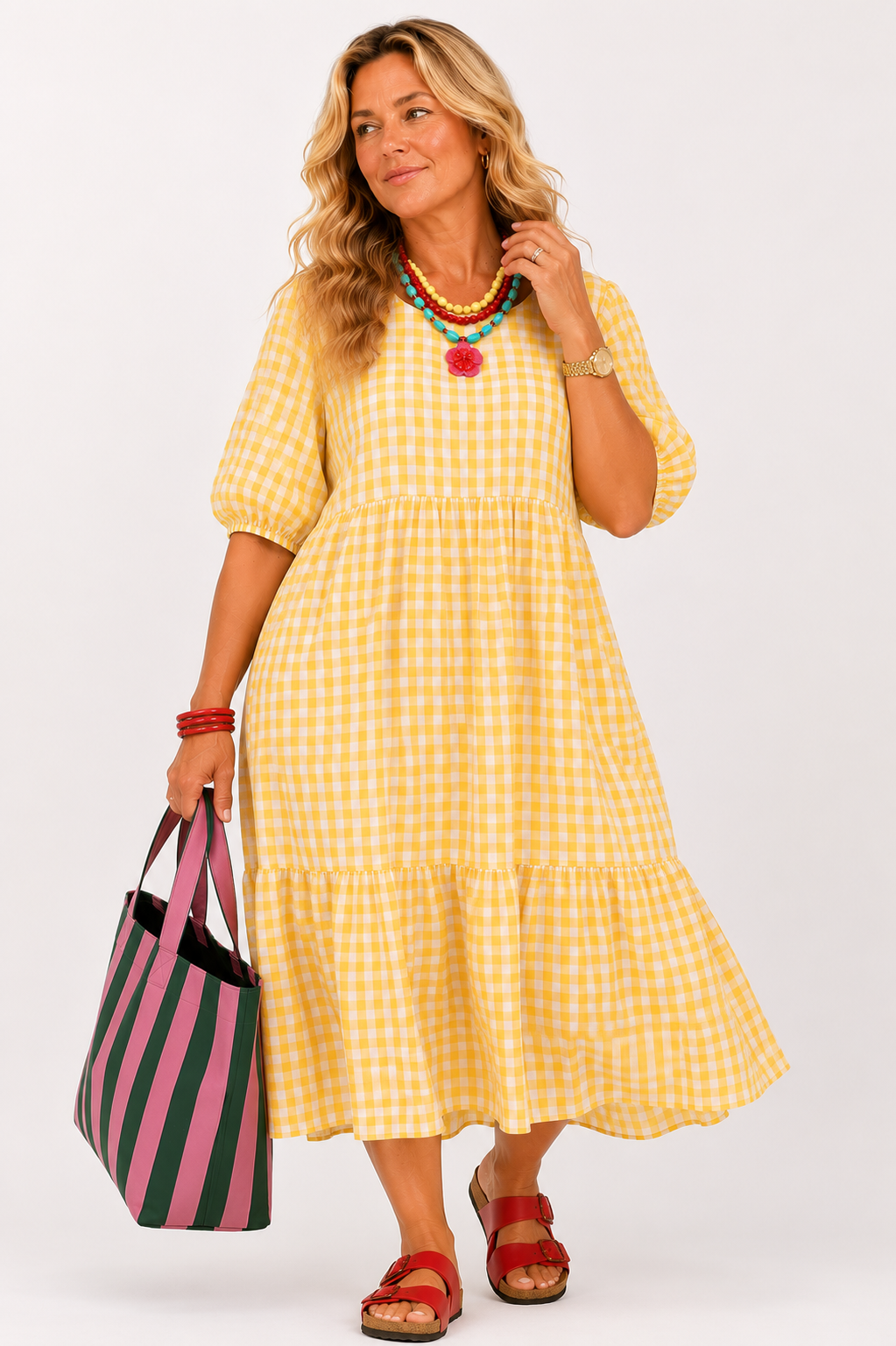 Oversized Puff Sleeve Midi Dress with Pockets - Yellow Gingham