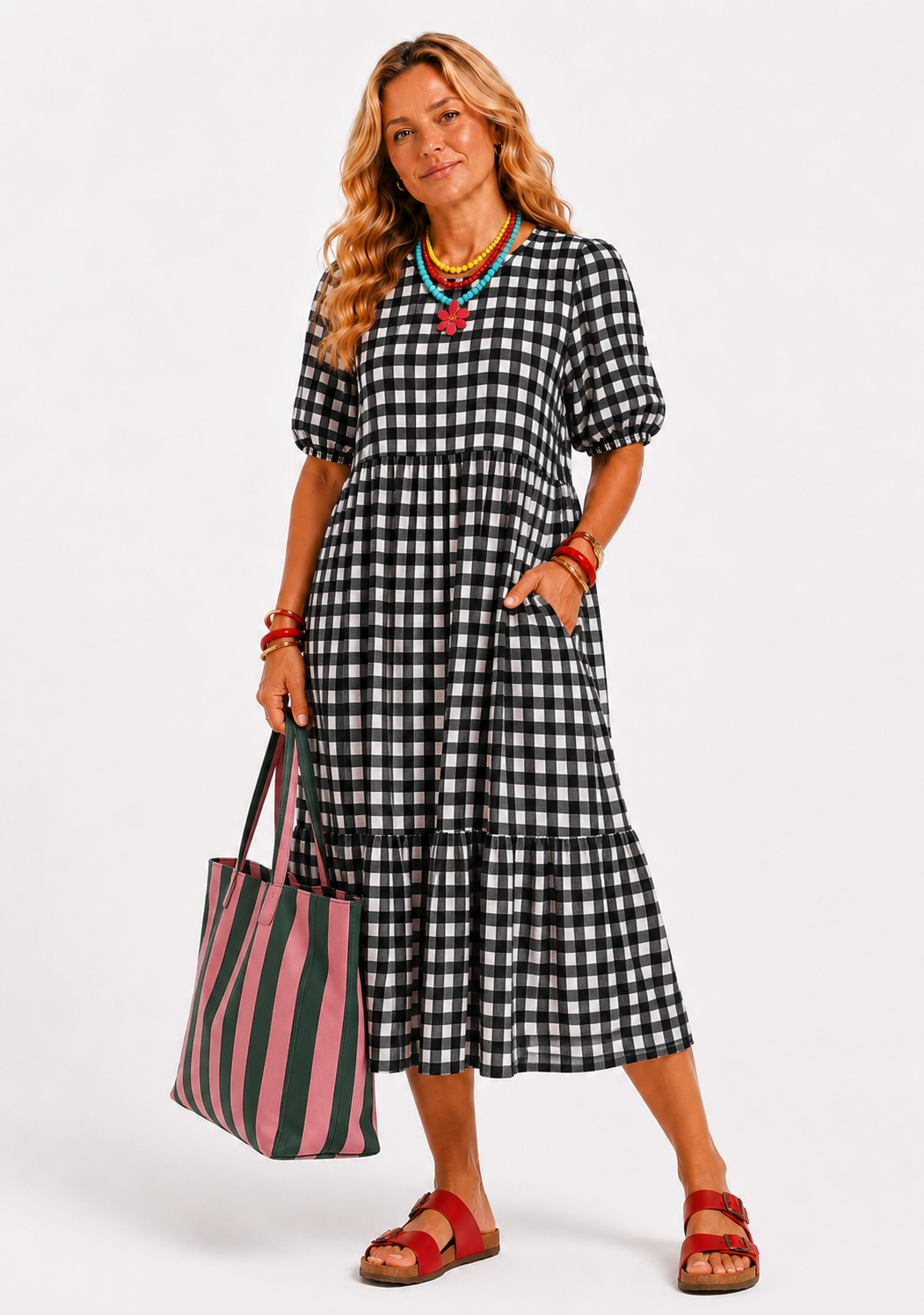 Oversized Puff Sleeve Midi Dress with Pockets - Black Gingham