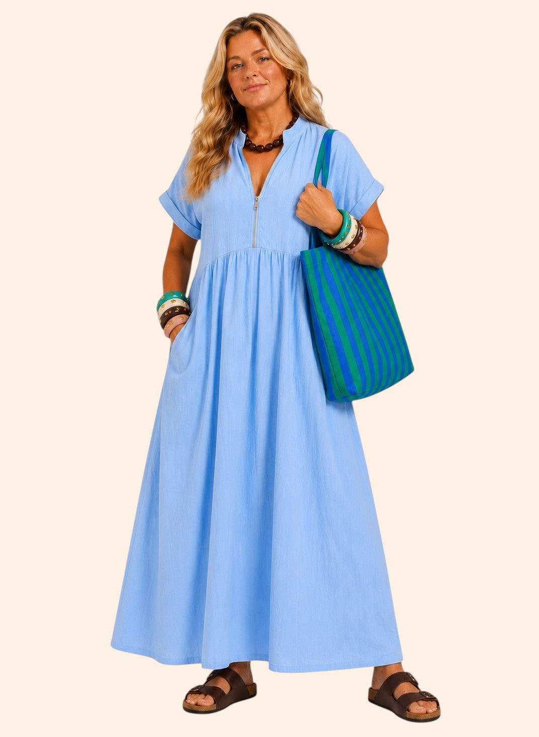 V Neck Maxi Dress with Zip Front & Pockets - Light Blue