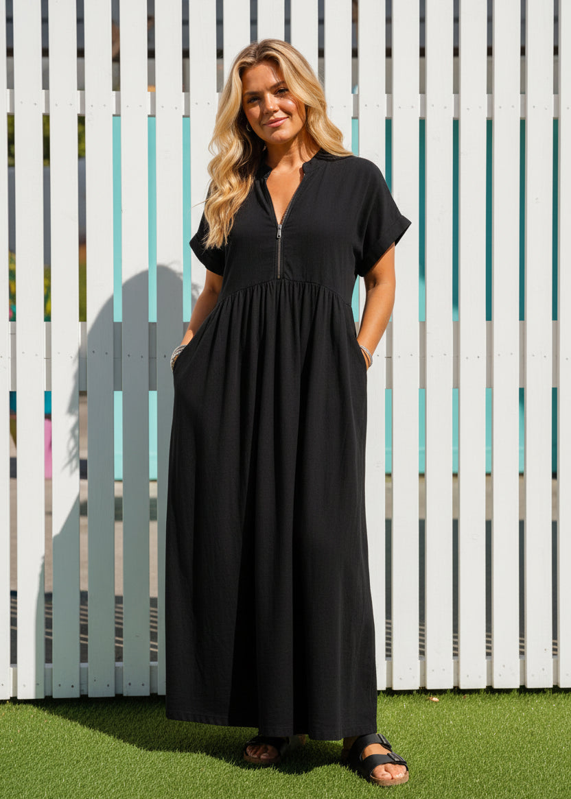 V Neck Maxi Dress with Zip Front & Pockets - Black