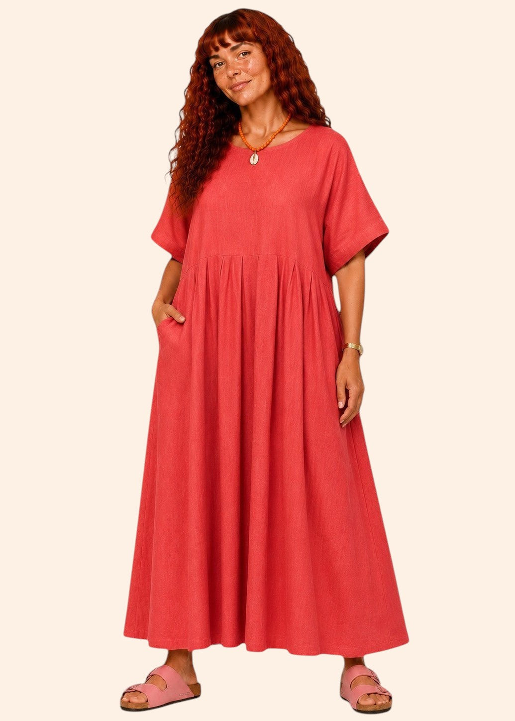 Loose Fit Maxi Dress with Pockets - Red