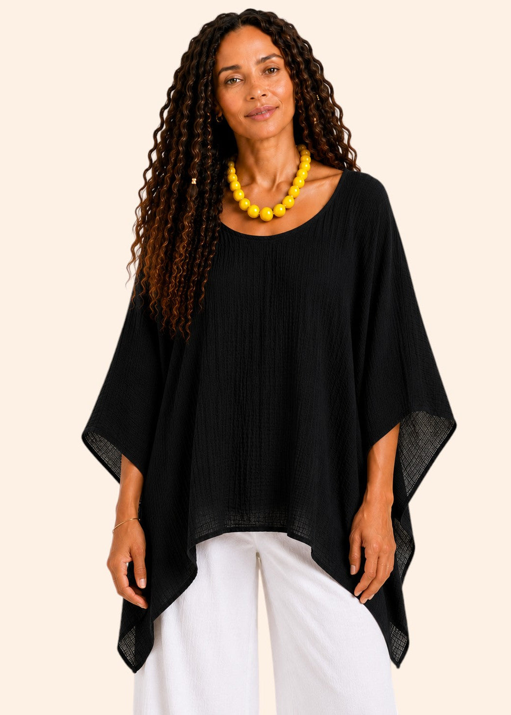 Oversized Batwing Tunic Top with Hanky Hem - Black