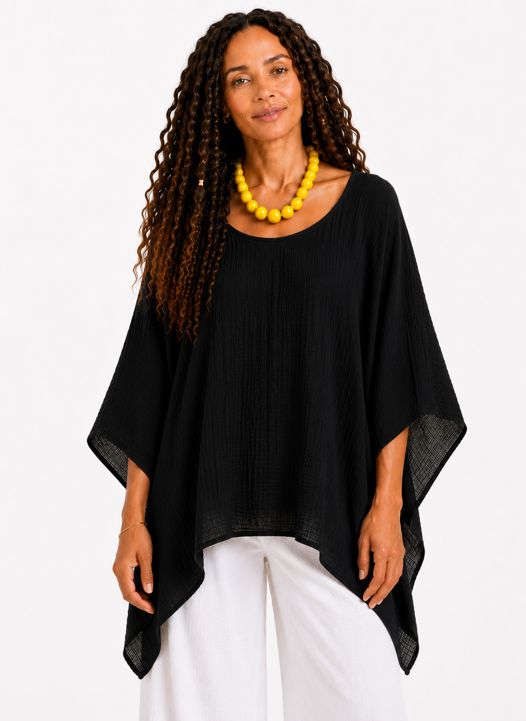 Oversized Batwing Tunic Top with Hanky Hem - Black