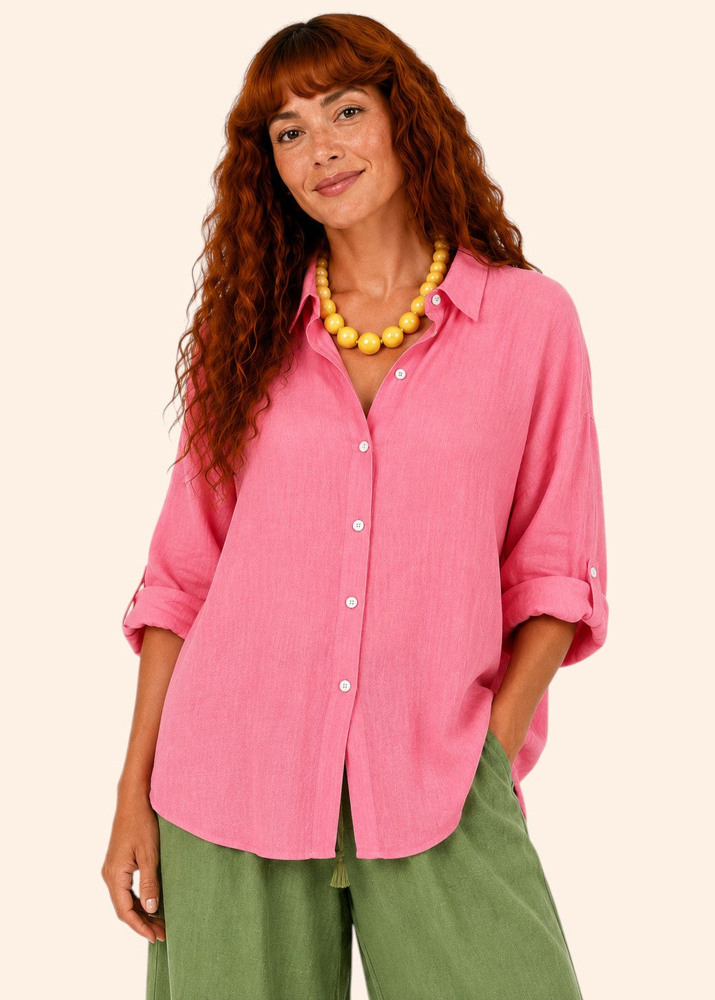 Button Up Shirt with 3/4 Lapel Sleeve - Peach