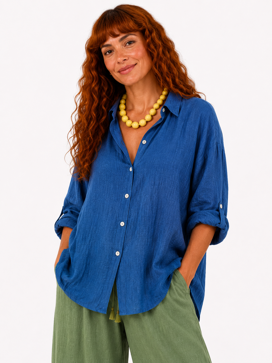 Button Up Shirt with 3/4 Lapel Sleeve - Blue