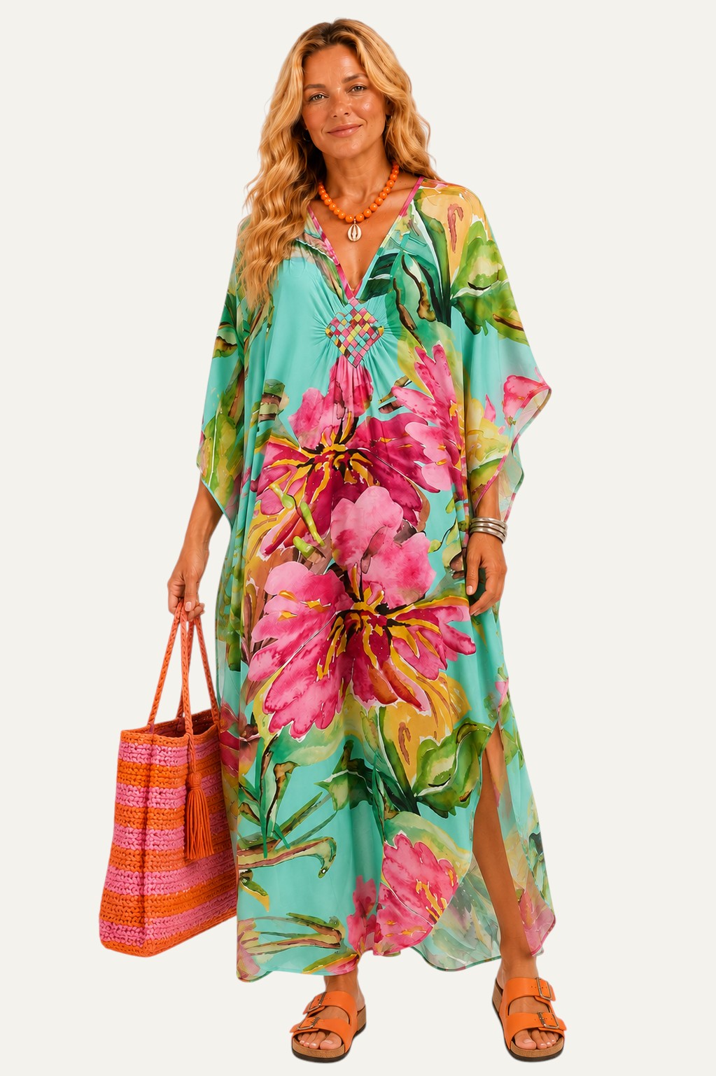 V Neck Kaftan with Diamond Pintuck - Tropical Sorbet