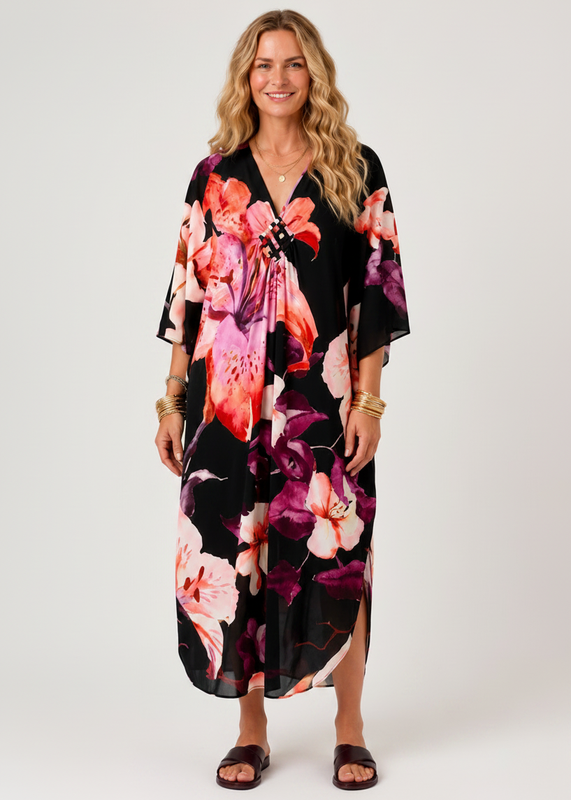 Dusk Bloom V Neck Kaftan with Diamond Pintuck