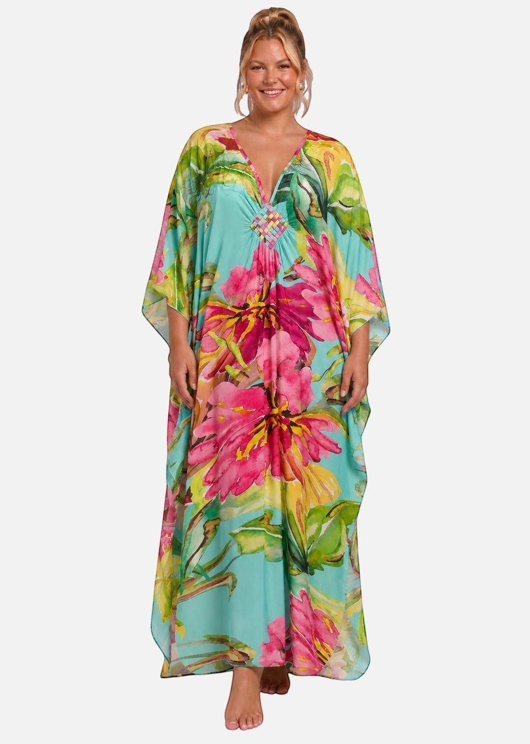V Neck Kaftan with Diamond Pintuck - Tropical Sorbet