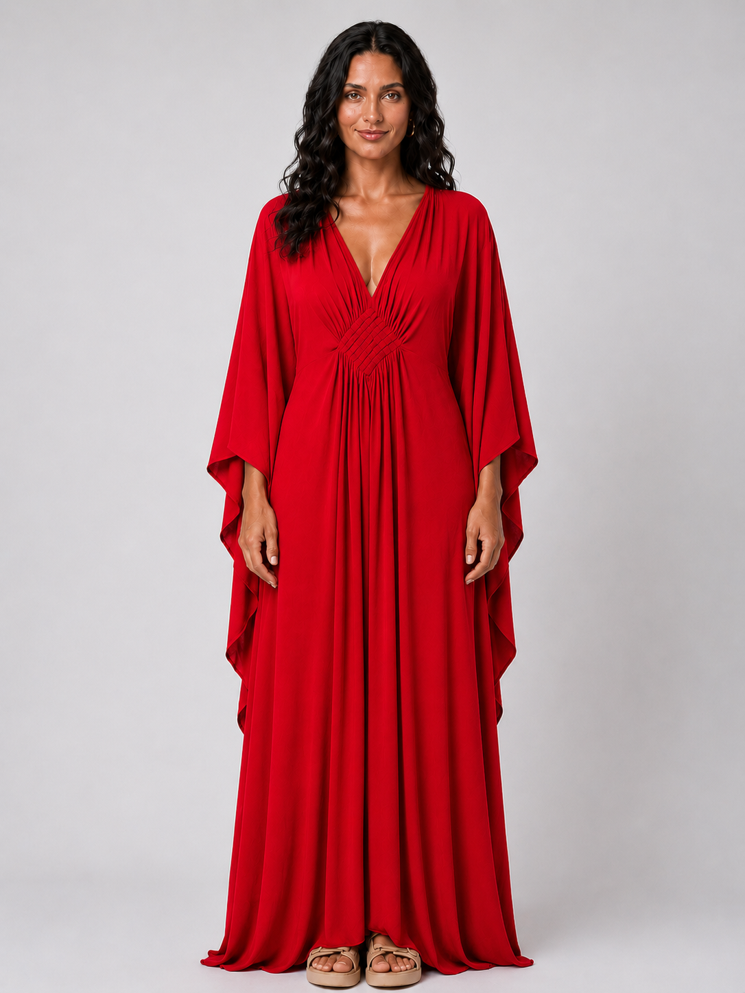 Red V Neck Kaftan with Diamond Pintuck