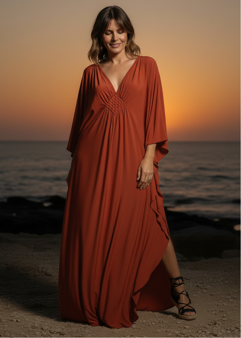 Copper V Neck Kaftan with Diamond Pintuck-Zeemara