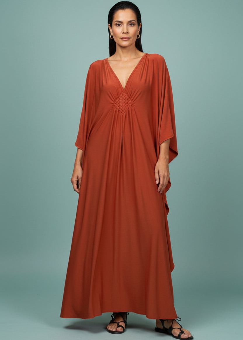 Copper V Neck Kaftan with Diamond Pintuck-Zeemara
