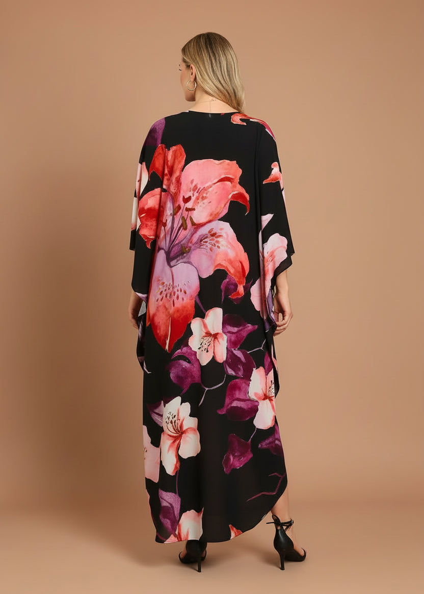 Dusk Bloom V Neck Kaftan with Diamond Pintuck-Zeemara