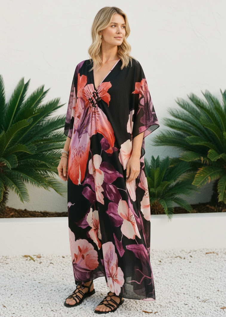 Dusk Bloom V Neck Kaftan with Diamond Pintuck-Zeemara