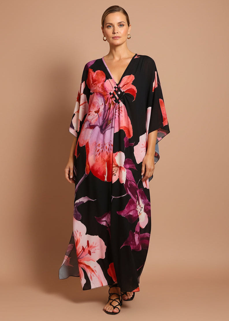Dusk Bloom V Neck Kaftan with Diamond Pintuck-Zeemara