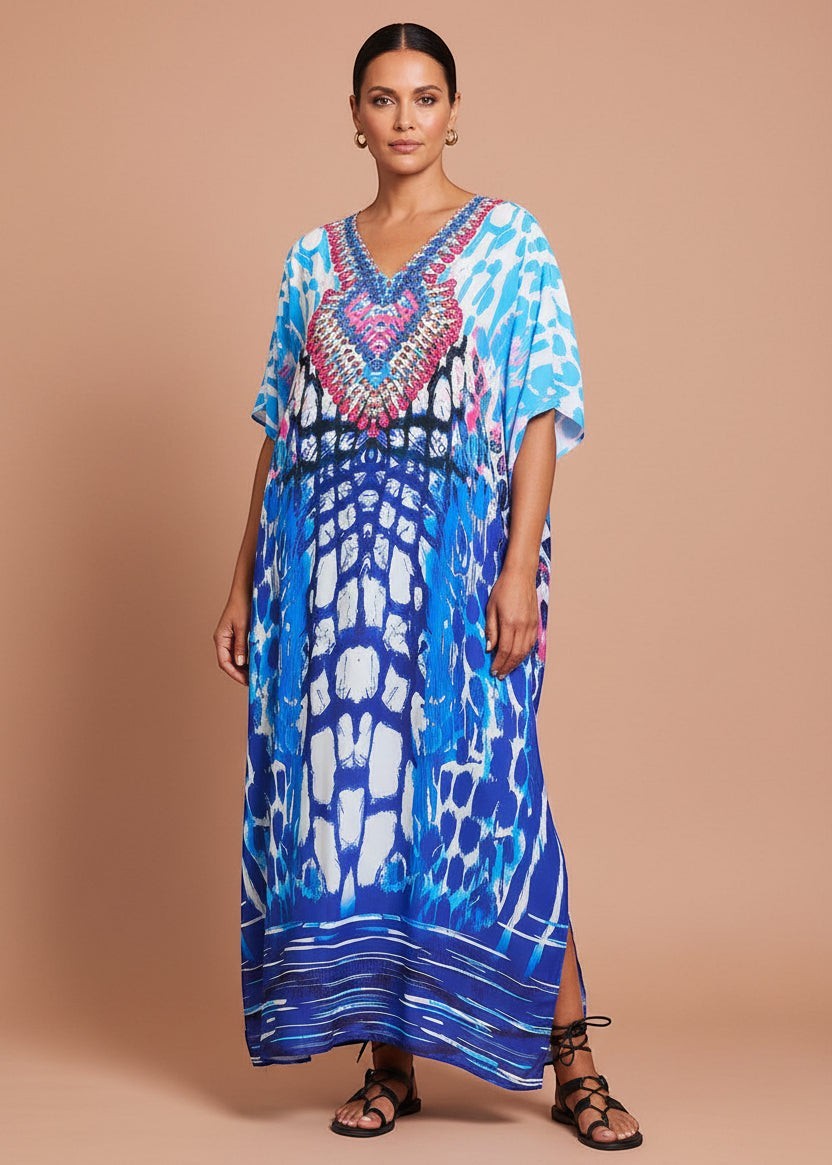 Electric Azure V Neck Kaftan-Zeemara