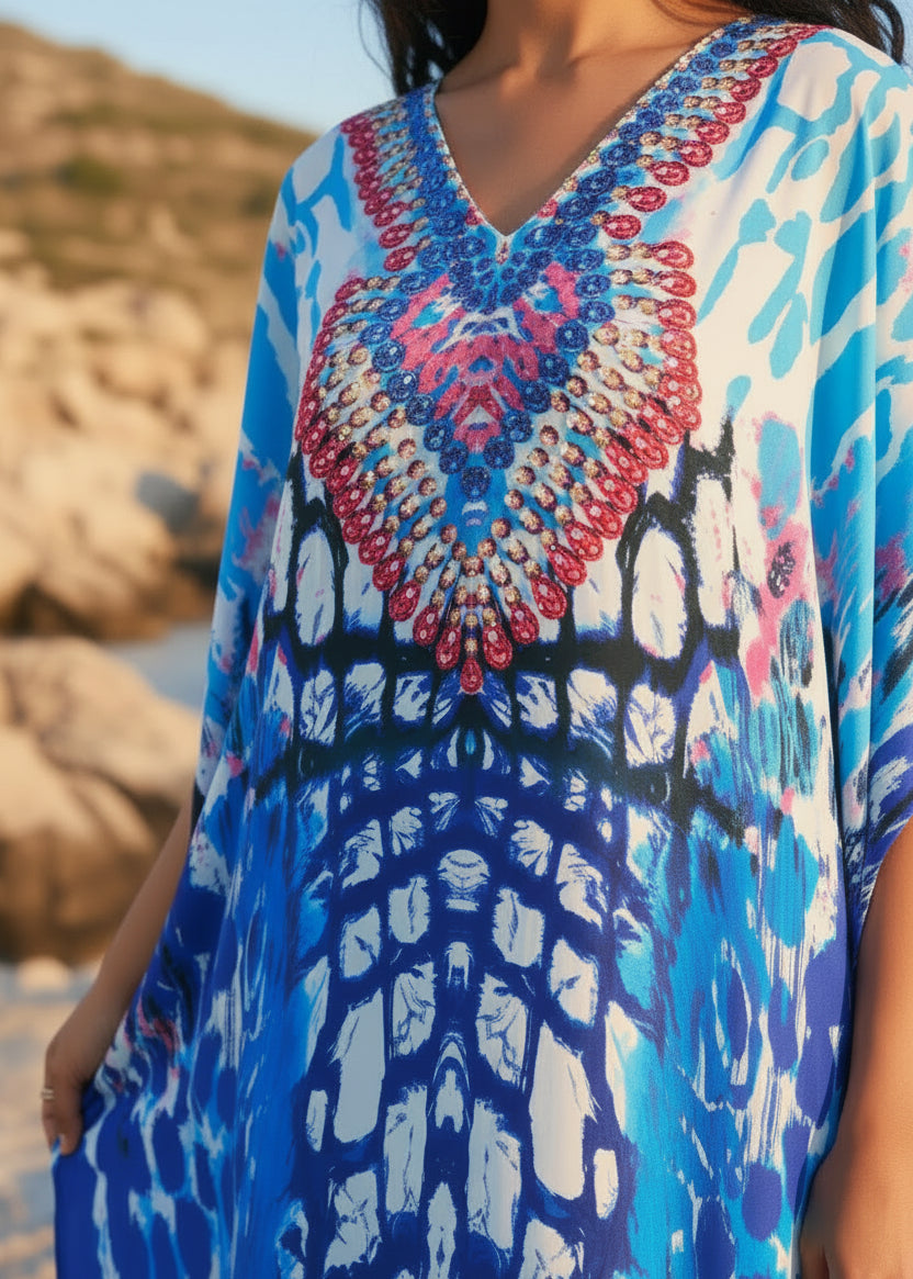 Electric Azure V Neck Kaftan-Zeemara